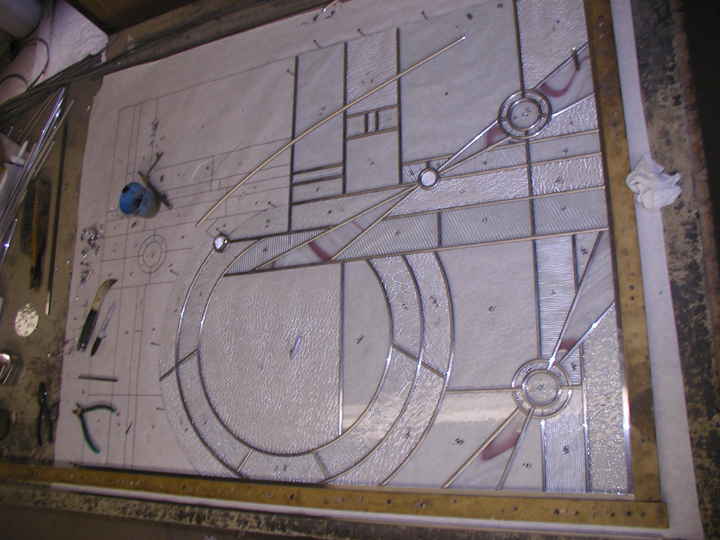 Abstract leaded glass bathroom window and door panels