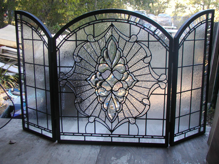Custom leaded glass and bevels fireplace screen