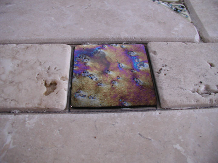 Custom Floor Mosaic with Travertine and Fused Glass