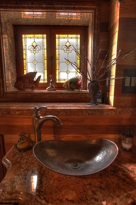 Fleur de lis leaded glass bathroom windows