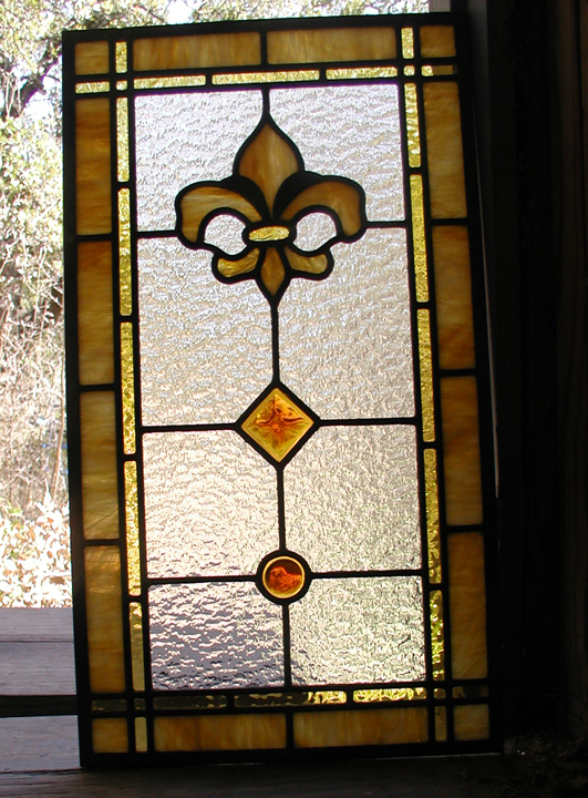 Fleur de lis leaded glass bathroom windows