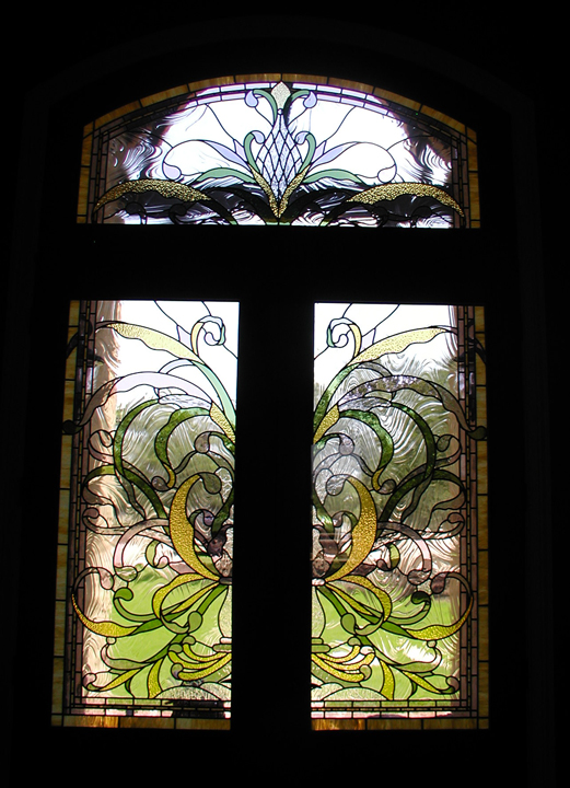 Art Nouveau entryway doors and transom